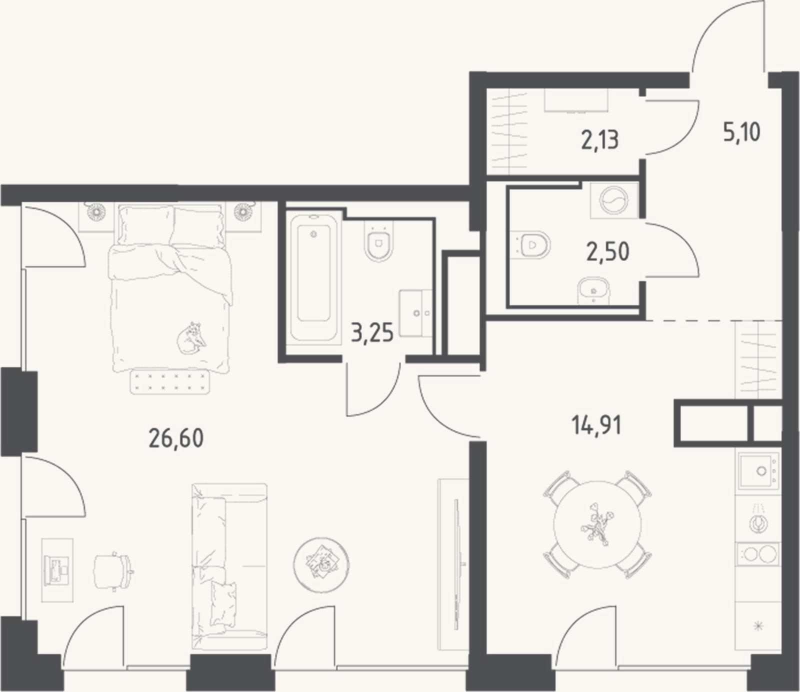 Планировка: 1-к, 54,5 м²