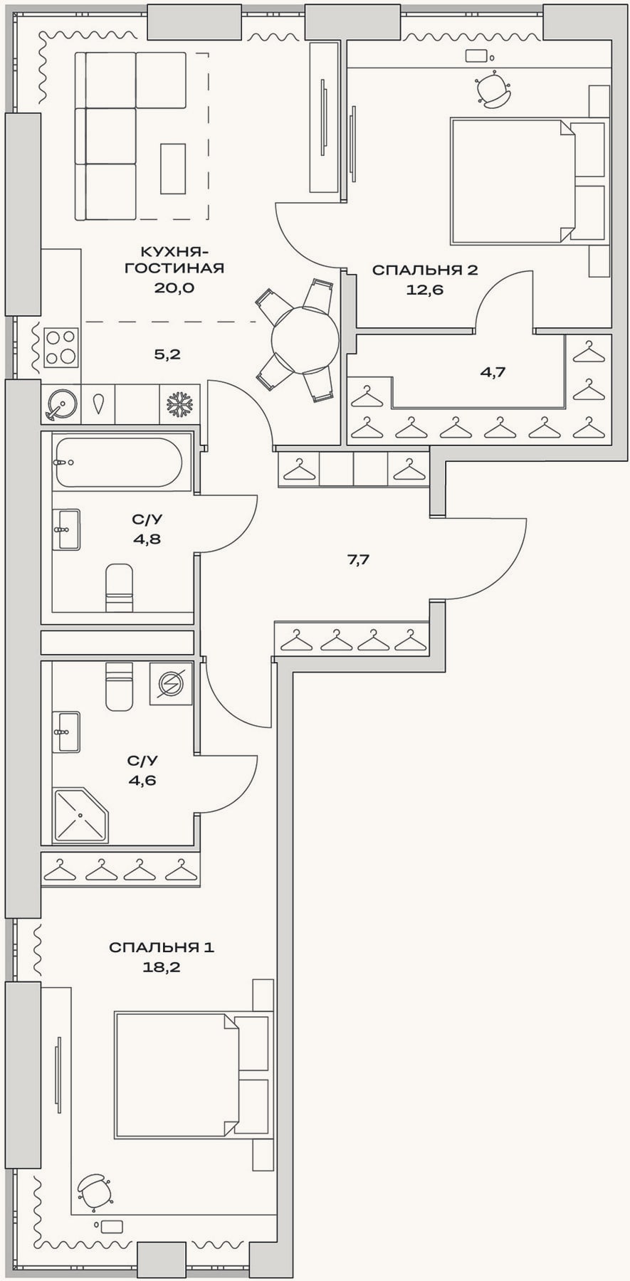 Планировка: 3-к, 72,7 м²
