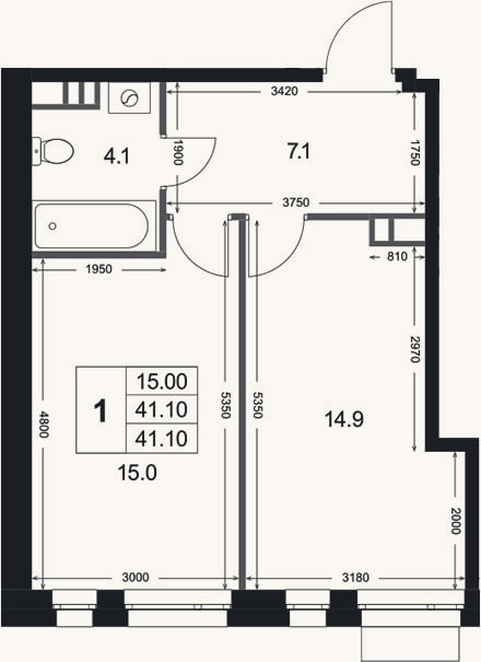 Планировка: 1-к, 41,1 м²