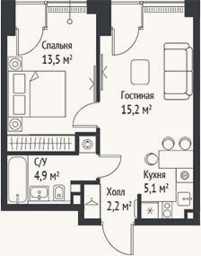 Планировка: 2-к, 40,9 м²