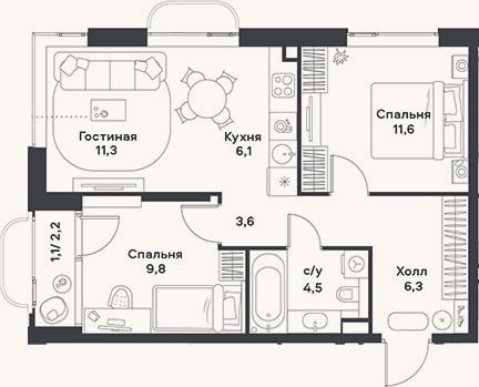 Планировка: 3-к, 53,2 м²