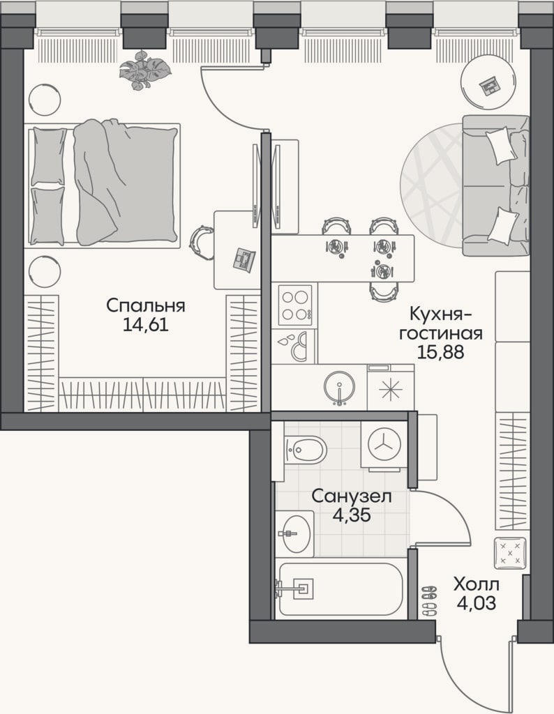 Планировка: 2-к, 38,2 м²