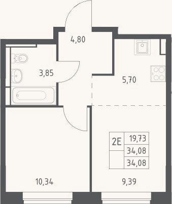 Планировка: 2-к, 34,1 м²