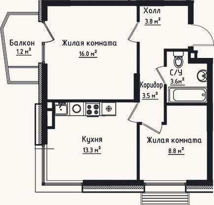 Планировка: 2-к, 49 м²