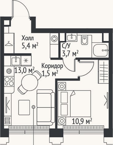 Планировка: 2-к, 34,5 м²