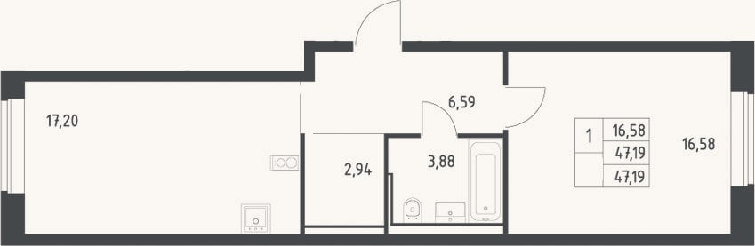 Планировка: 2-к, 47,2 м²