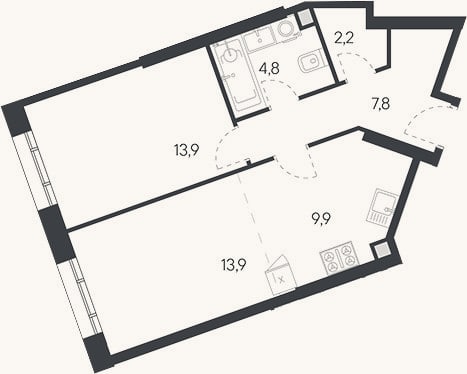 Планировка: 2-к, 52,5 м²