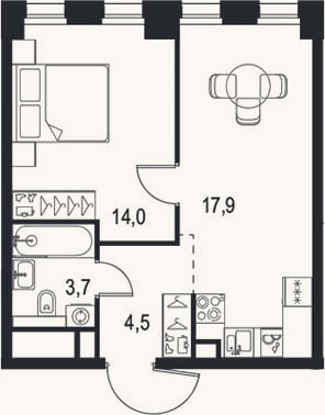 Планировка: 2-к, 40,1 м²