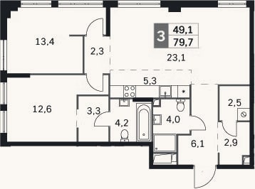 Планировка: 3-к, 79,7 м²