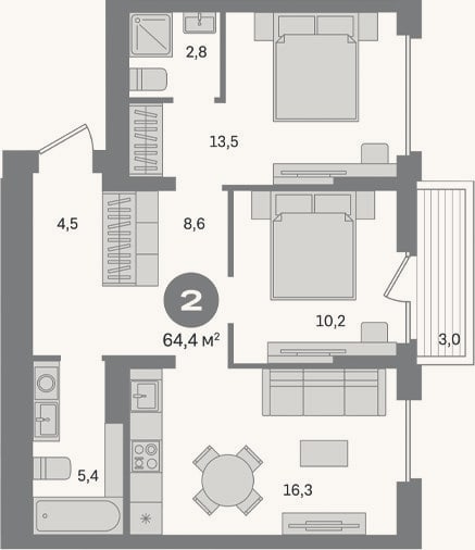 Планировка: 2-к, 61,4 м²
