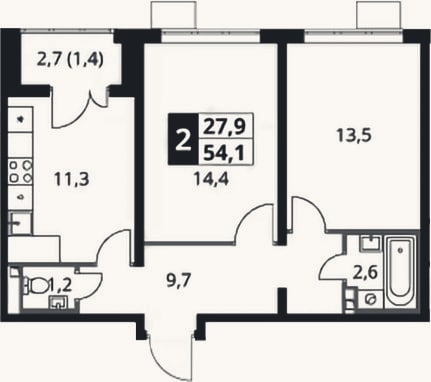 Планировка: 2-к, 52,7 м²