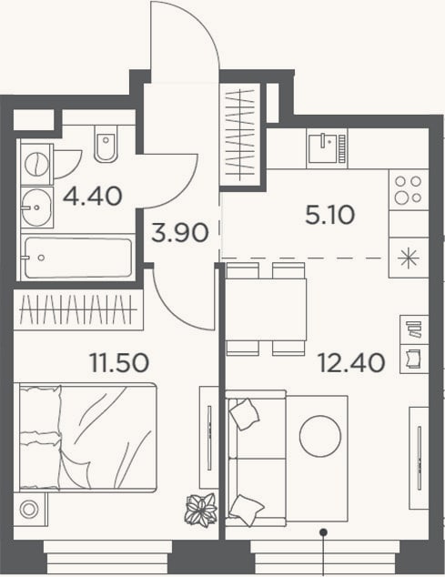 Планировка: 2-к, 37,3 м²