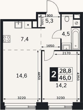 Планировка: 2-к, 46 м²