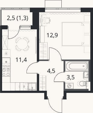 Планировка: 1-к, 32,3 м²