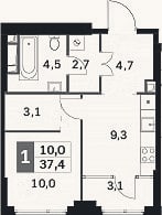 Планировка: 1-к, 34,3 м²