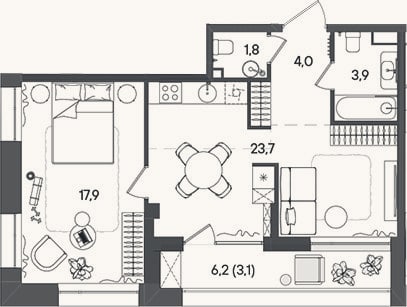 Планировка: 2-к, 51,3 м²