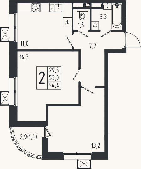 Планировка: 2-к, 53 м²