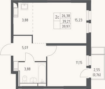 Планировка: 2-к, 39,2 м²