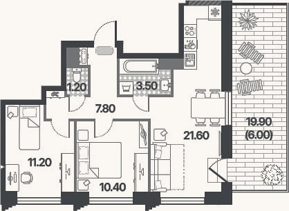 Планировка: 3-к, 55,7 м²