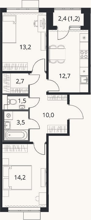 Планировка: 2-к, 57,8 м²