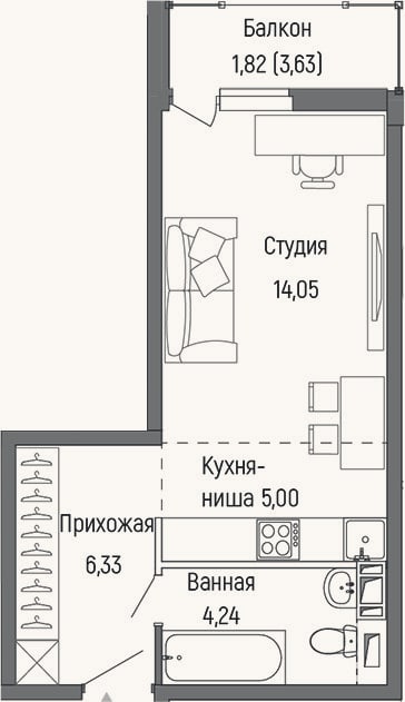 Планировка: Студия, 29,6 м²