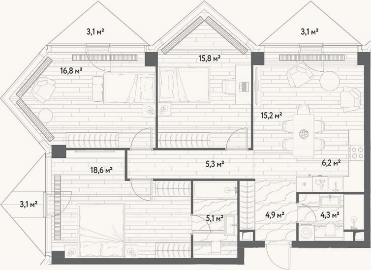 Планировка: 4+ к, 92,2 м²