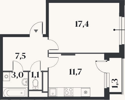 Планировка: 1-к, 40,7 м²
