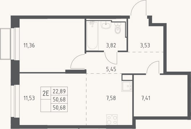 Планировка: 2-к, 50,7 м²
