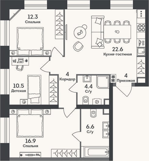 Планировка: 4+ к, 81,3 м²