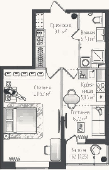 Планировка: 2-к, 46,2 м²