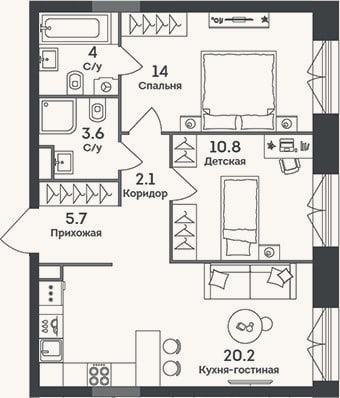 Планировка: 3-к, 60,4 м²