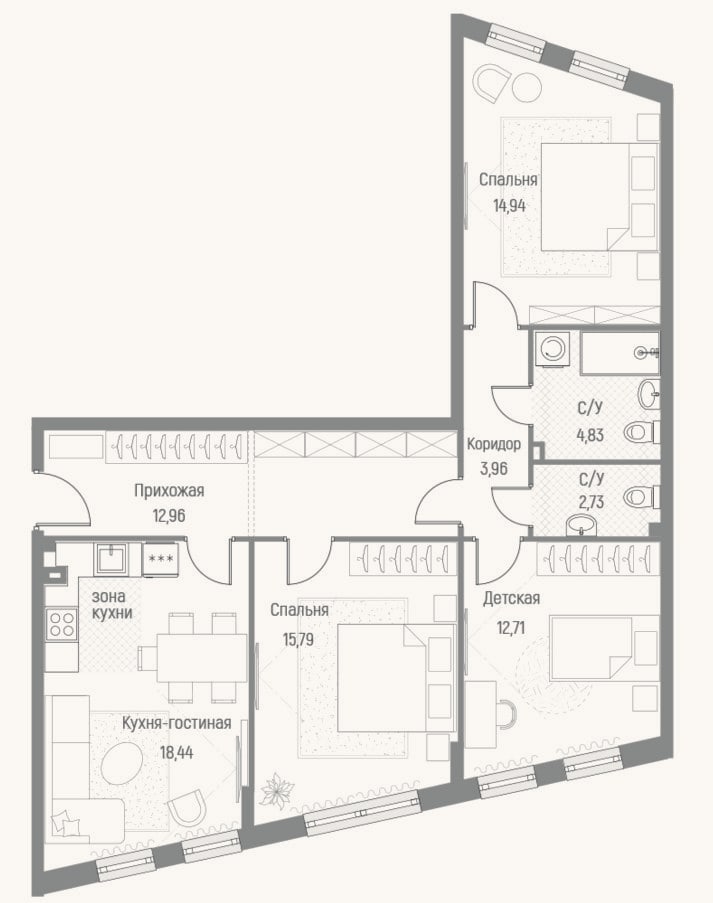 Планировка: 3-к, 86,3 м²