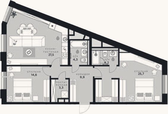 Планировка: 2-к, 89,5 м²