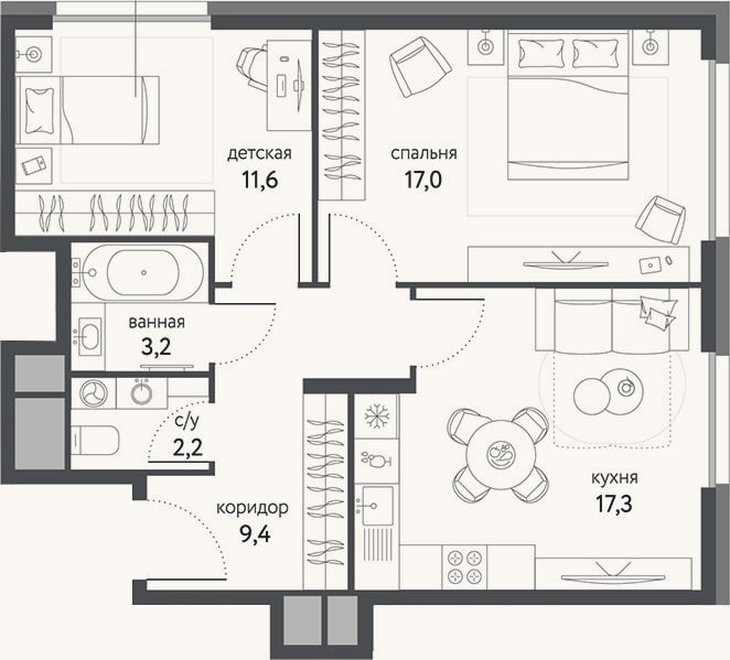 Планировка: 2-к, 60,7 м²