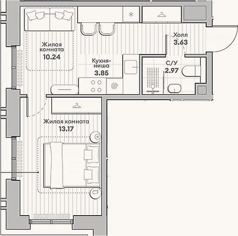 Планировка: 2-к, 33,9 м²