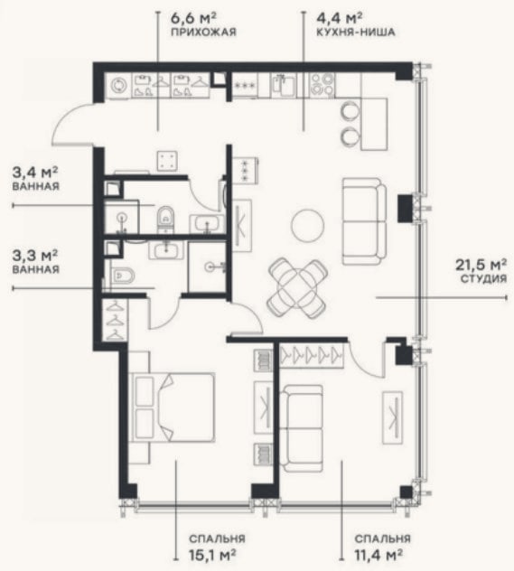 Планировка: 3-к, 64,4 м²