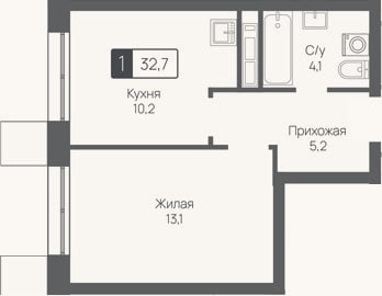 Планировка: 1-к, 32,7 м²
