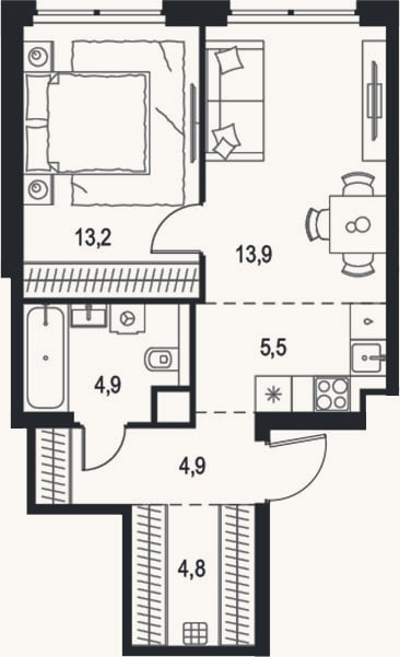 Планировка: 2-к, 47,2 м²