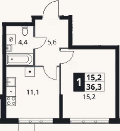 Планировка: 1-к, 36,3 м²