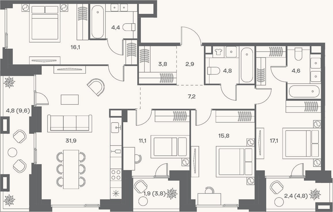 Планировка: 4+ к, 119,7 м²