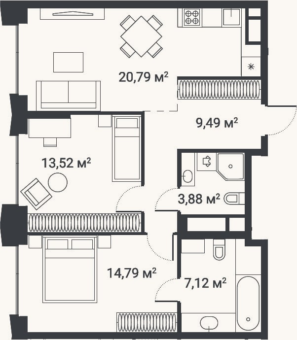 Планировка: 3-к, 69,5 м²