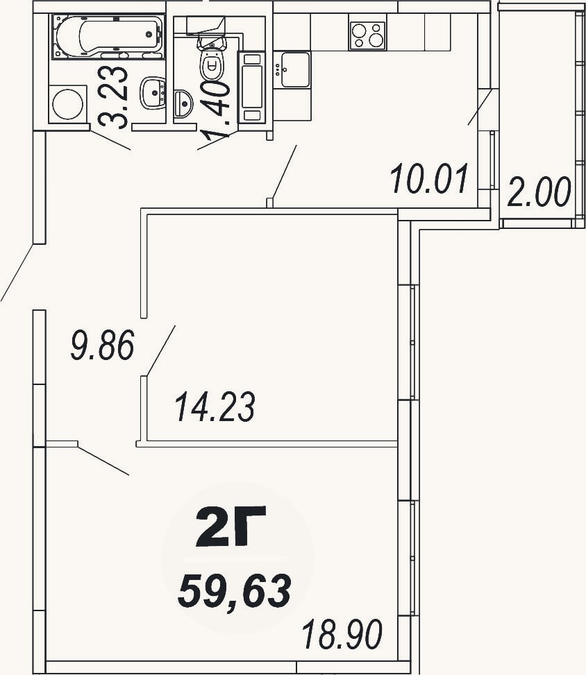 Планировка: 2-к, 57,6 м²