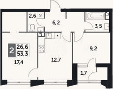 Планировка: 2-к, 52,9 м²