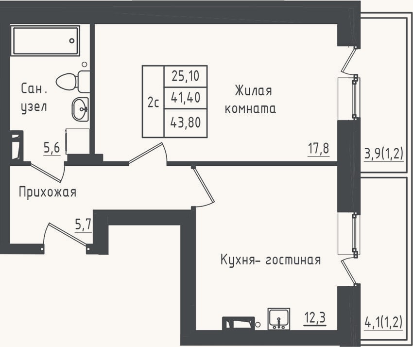 Планировка: 1-к, 41,8 м²