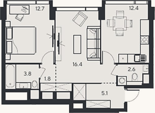 Планировка: 2-к, 54,8 м²