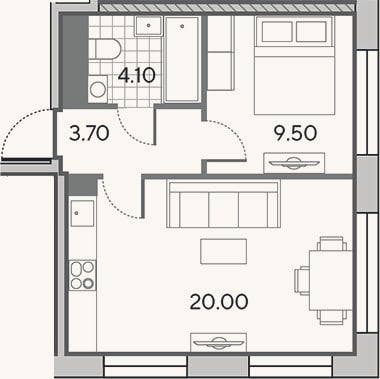Планировка: 2-к, 37,3 м²