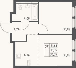 Планировка: 2-к, 36,4 м²