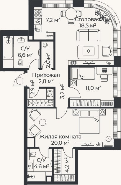 Планировка: 3-к, 83,1 м²
