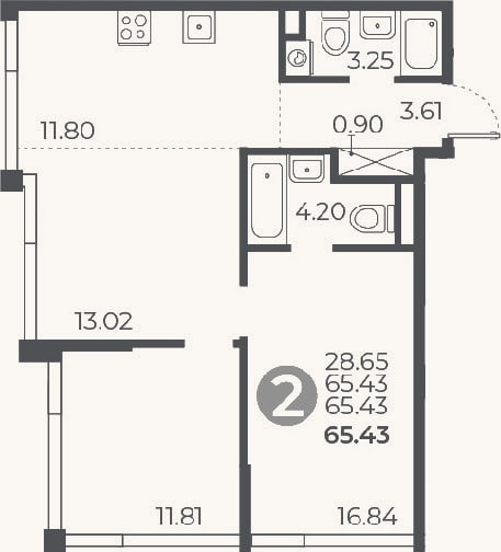 Планировка: 2-к, 65,4 м²