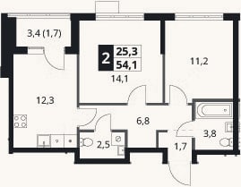 Планировка: 2-к, 52,4 м²